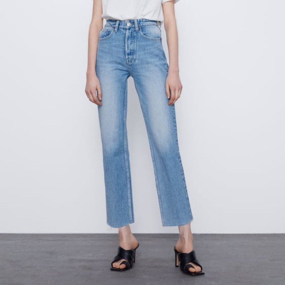 Zara High-Rise Straight-Leg Jeans Blue